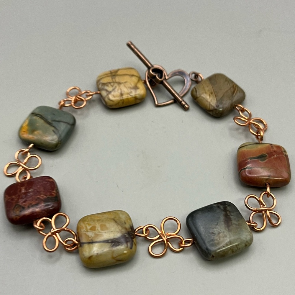 Red and Green Cherry Creek Jasper Bracelet with Elegant Copper Metal